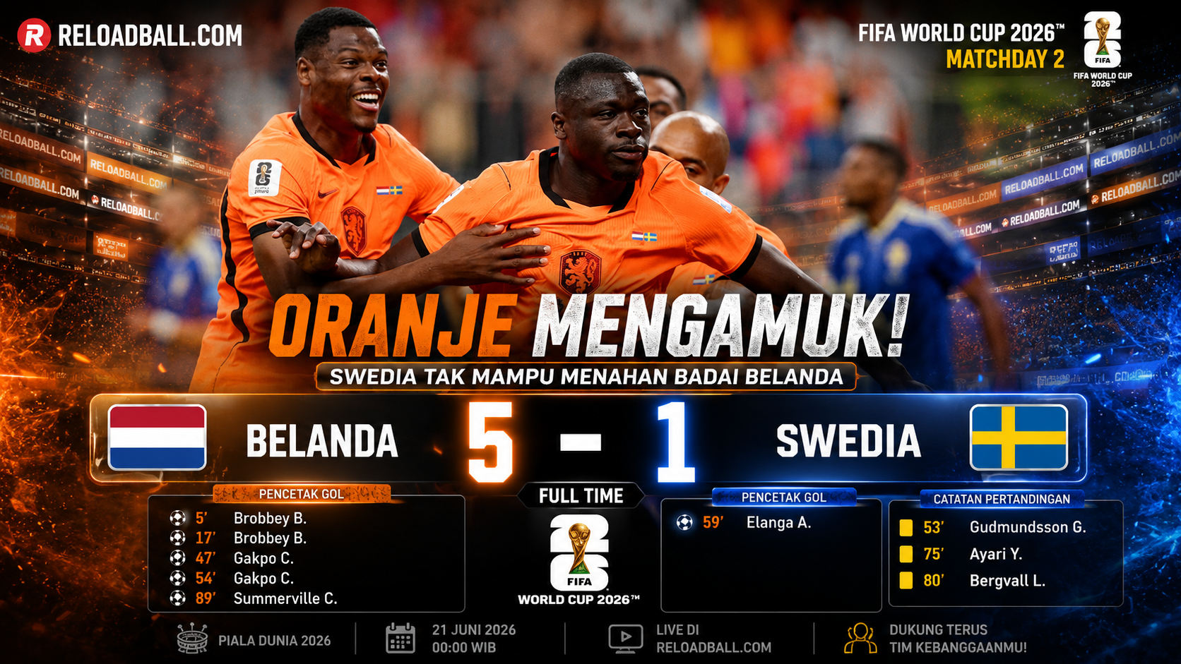 Belanda Hancurkan Swedia 5-1! Cody Gakpo dan Brian Brobbey Mengamuk di Piala Dunia 2026