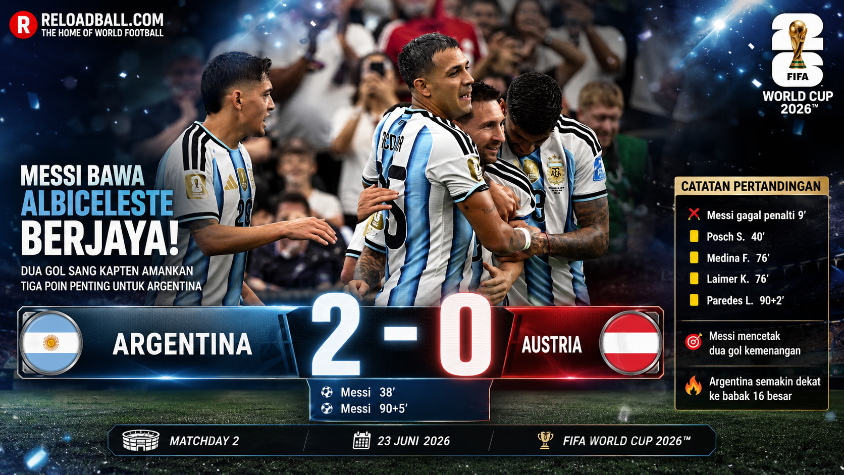 Argentina 2-0 Austria: Messi Cetak Brace dan Antar Albiceleste Menuju Fase Gugur