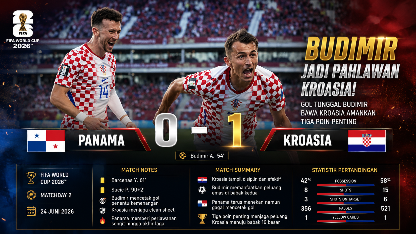Panama 0-1 Kroasia: Gol Budimir Antar Vatreni Raih Kemenangan Penting di Piala Dunia 2026