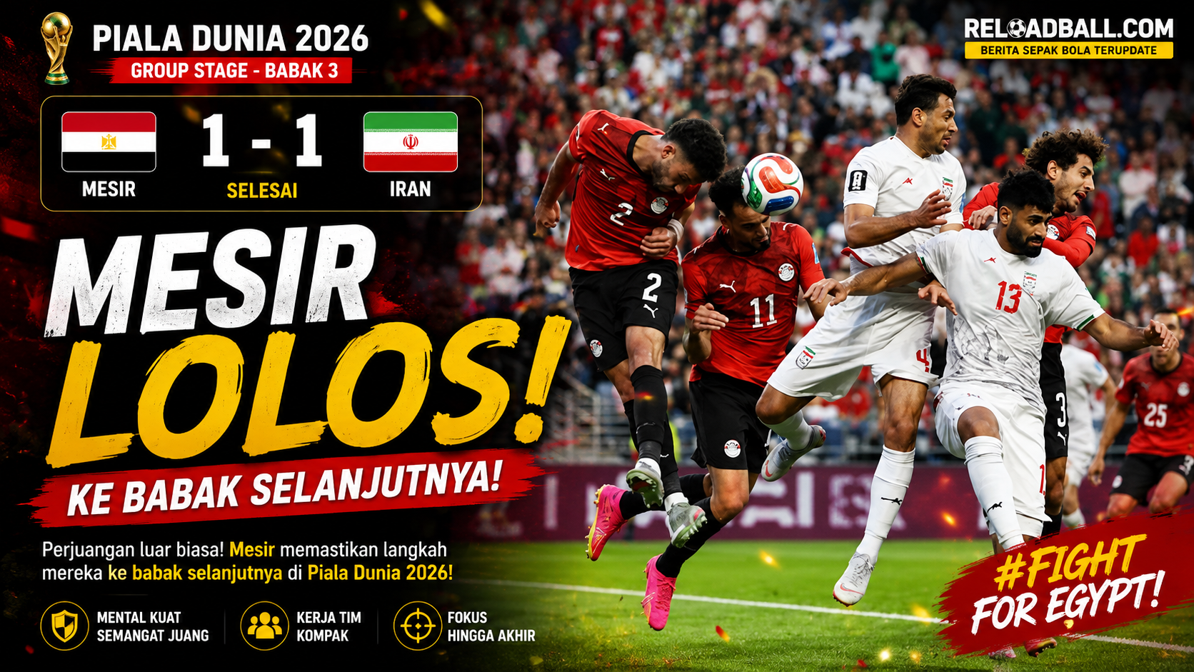 Mesir vs Iran Berakhir 1-1, Belgia dan Mesir Lolos ke Babak 16 Besar Piala Dunia 2026
