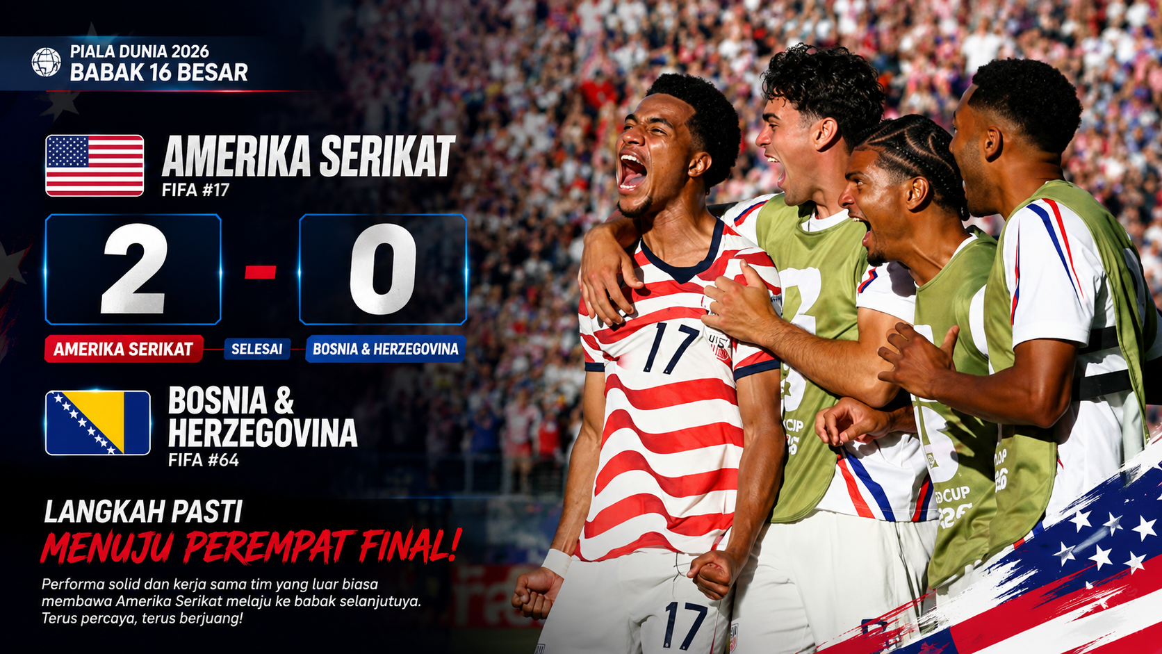 Hasil Amerika Serikat vs Bosnia & Herzegovina 2-0: Meski Bermain dengan 10 Pemain, USMNT Lolos ke Perempat Final Piala Dunia 2026