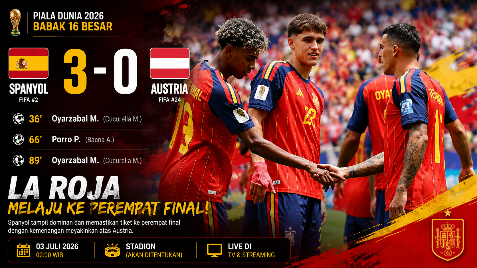 Hasil Spanyol vs Austria 3-0: Brace Oyarzabal Bawa La Roja Lolos ke Perempat Final Piala Dunia 2026