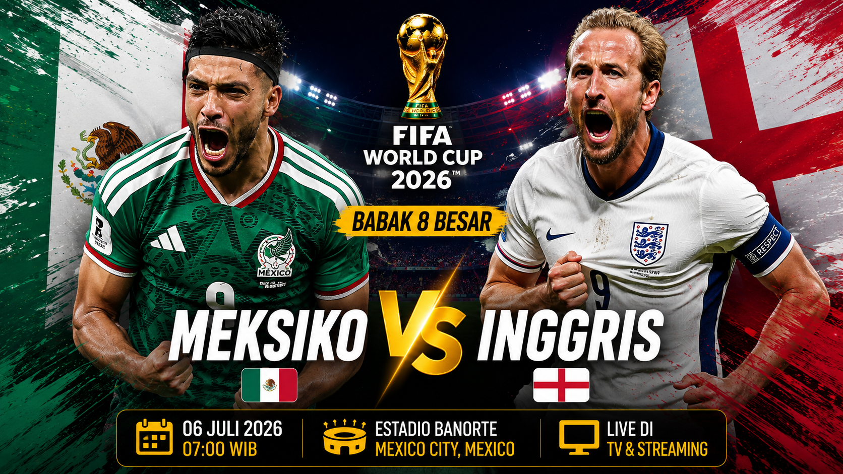 Prediksi Meksiko vs Inggris 6 Juli 2026: Analisa Pertandingan, Kondisi Tim, Head to Head dan Prediksi Skor Perempat Final Piala Dunia