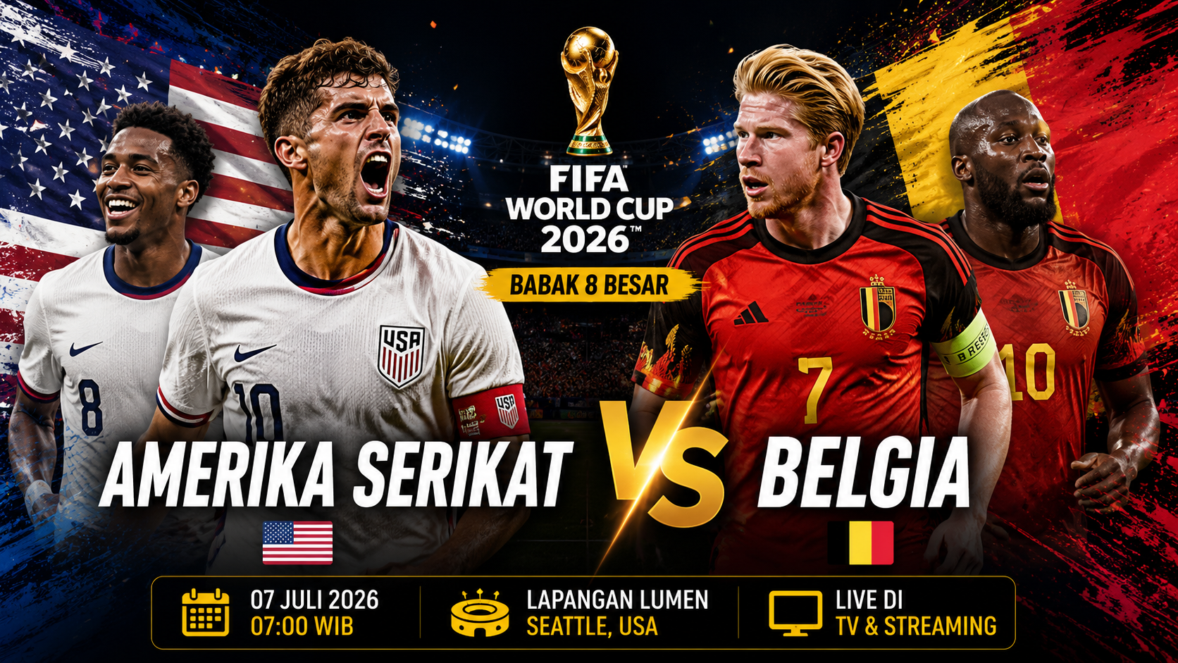 Prediksi Amerika Serikat vs Belgia 7 Juli 2026: Analisa Pertandingan, Head to Head, Kondisi Tim dan Prediksi Skor Perempat Final Piala Dunia