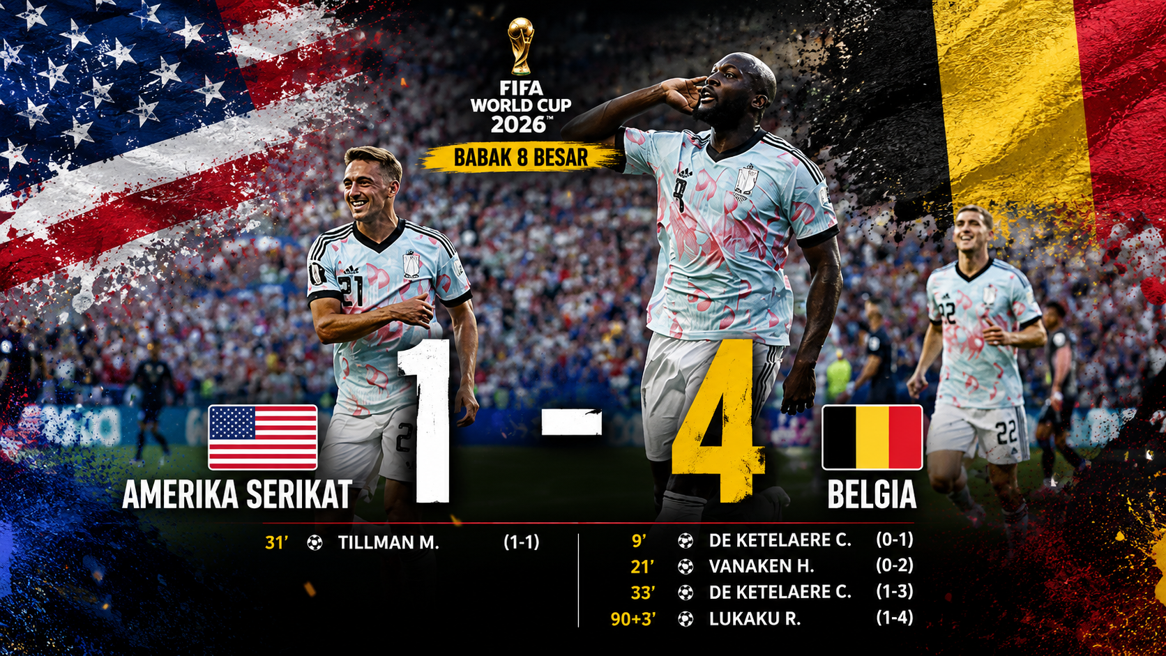 Hasil Amerika Serikat vs Belgia 1-4: Romelu Lukaku Bersinar, Setan Merah Melaju ke Semifinal Piala Dunia 2026